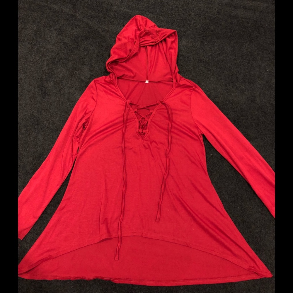 Red, hooded, lace up shirt